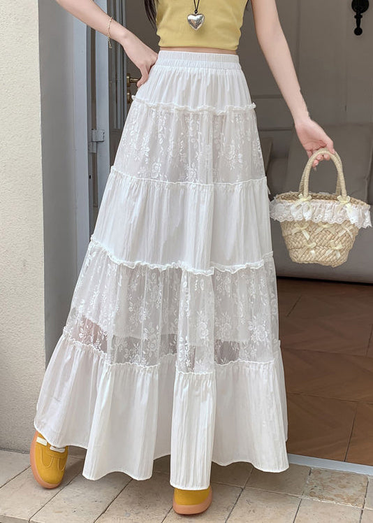 Loose White Ruffled Embroidered Tulle Patchwork Cotton Skirt Summer