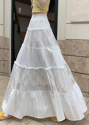Loose White Ruffled Embroidered Tulle Patchwork Cotton Skirt Summer