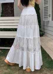 Loose White Ruffled Embroidered Tulle Patchwork Cotton Skirt Summer