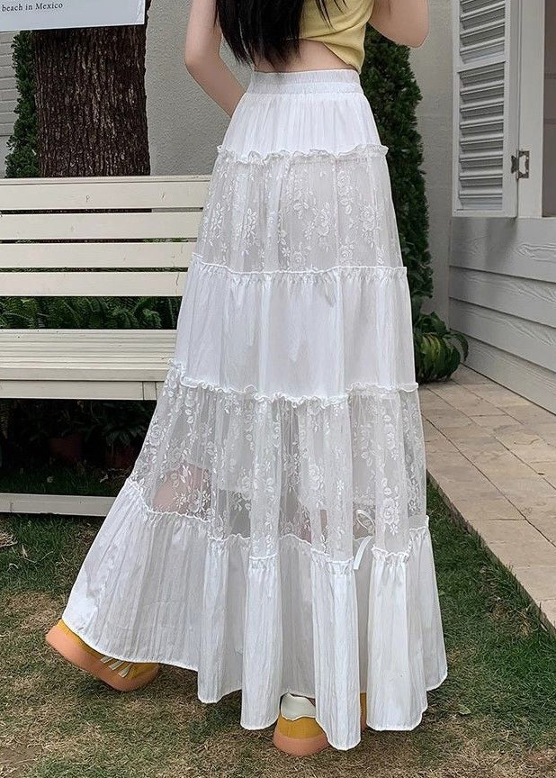 Loose White Ruffled Embroidered Tulle Patchwork Cotton Skirt Summer