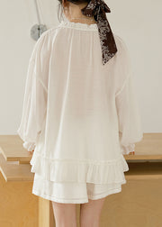 Loose White Ruffled Lace UpCotton Two Pieces Set Butterfly Sleeve