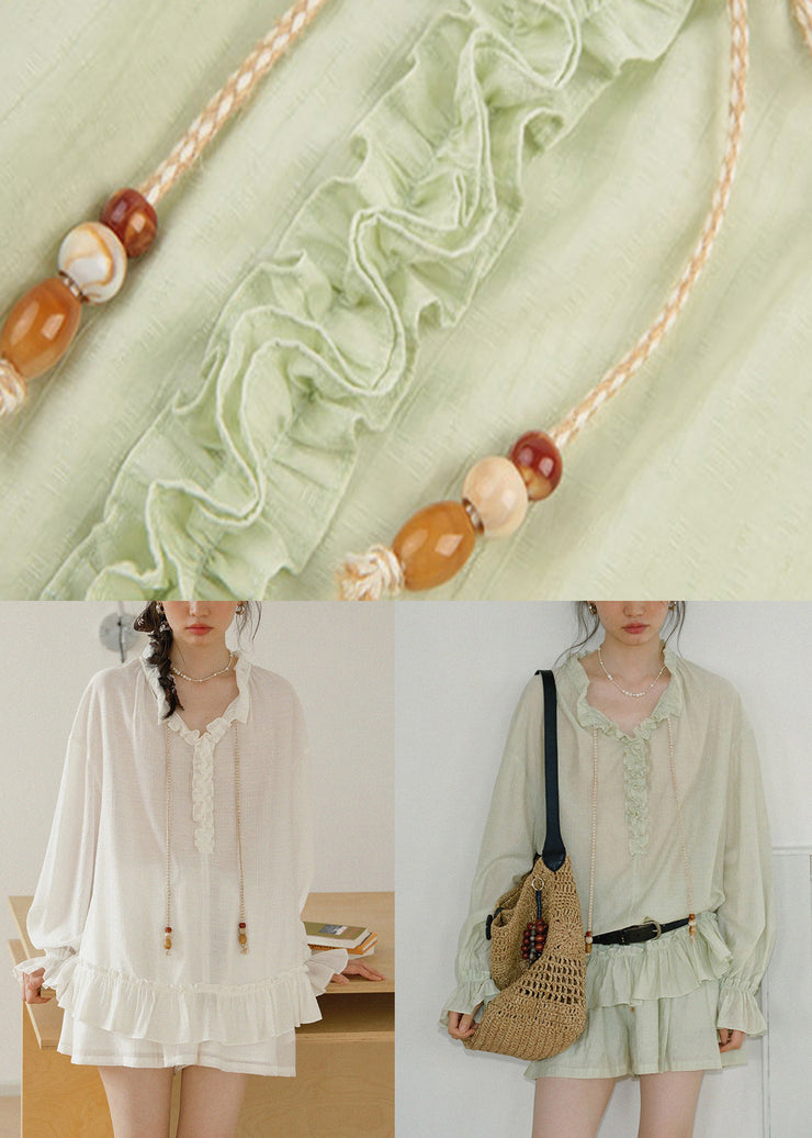 Loose White Ruffled Lace UpCotton Two Pieces Set Butterfly Sleeve