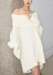 Loose White Slash Neck Solid Knit Knitwear Sweater Dress Batwing Sleeve