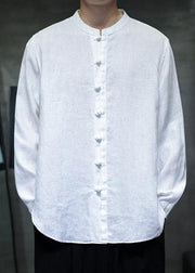 Loose White Stand Collar Chinese Button Linen Men Shirts Fall