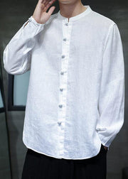 Loose White Stand Collar Chinese Button Linen Men Shirts Fall