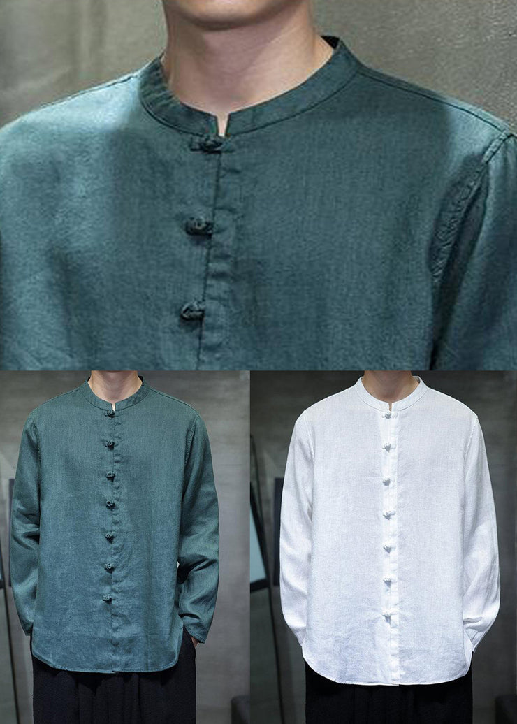 Loose White Stand Collar Chinese Button Linen Men Shirts Fall