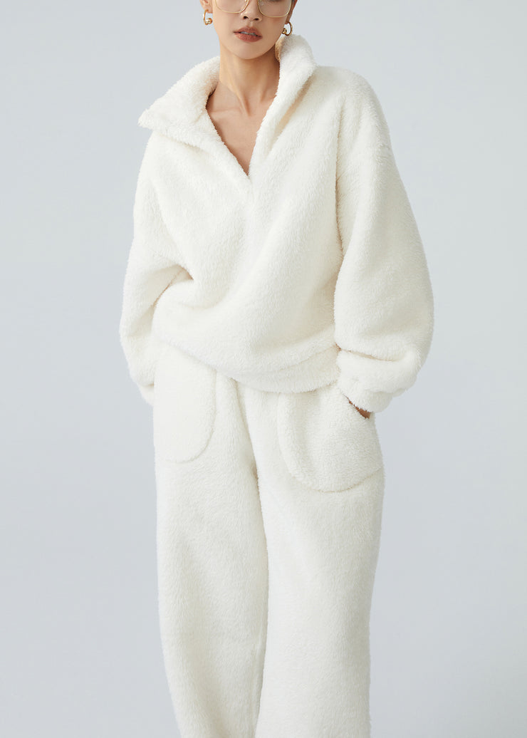 Loose White Stand Collar Pockets Fluffy Pajamas Two Pieces Set Winter