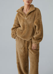 Loose White Stand Collar Pockets Fluffy Pajamas Two Pieces Set Winter