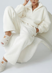 Loose White Stand Collar Pockets Fluffy Pajamas Two Pieces Set Winter