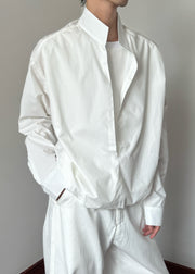 Loose White Stand Collar Solid Cotton Mens Shirts Fall