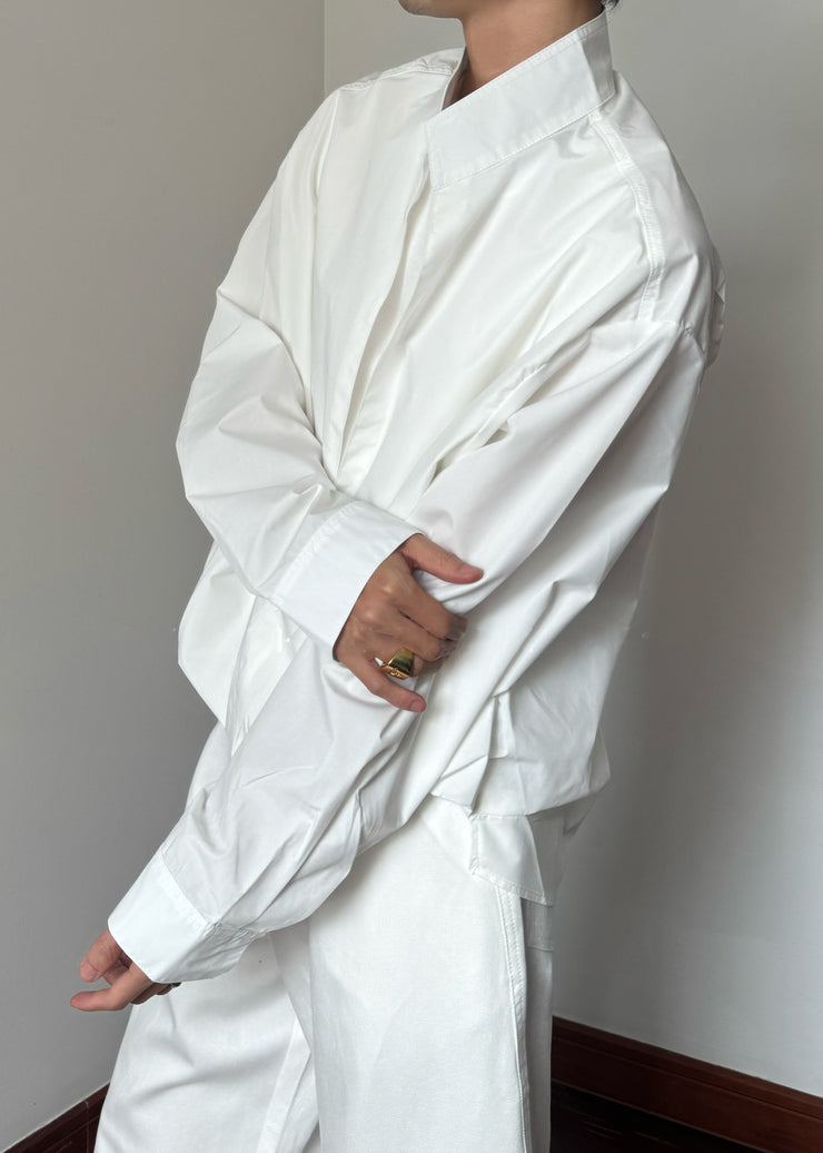 Loose White Stand Collar Solid Cotton Mens Shirts Fall