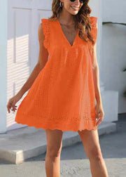 Loose White V Neck Hollow Out Solid Cotton Mid Dress Sleeveless