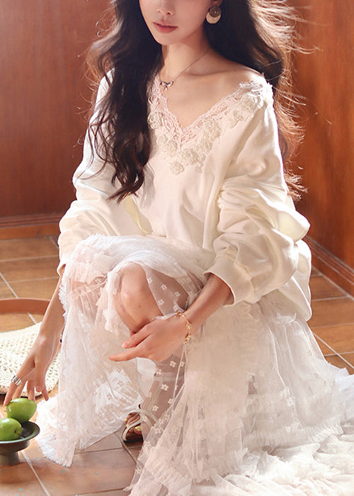 Loose White V Neck Lace Patchwork Cotton Sweatshirt Fall