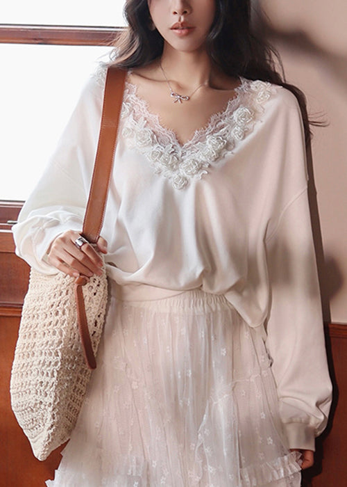 Loose White V Neck Lace Patchwork Cotton Sweatshirt Fall