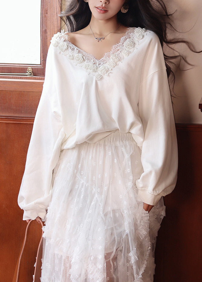 Loose White V Neck Lace Patchwork Cotton Sweatshirt Fall