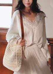 Loose White V Neck Lace Patchwork Cotton Sweatshirt Fall