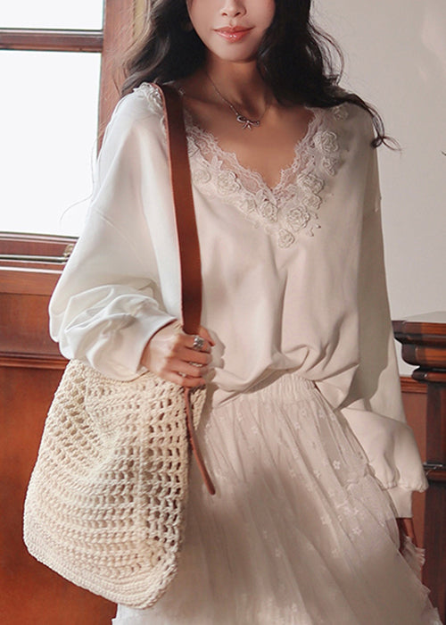 Loose White V Neck Lace Patchwork Cotton Sweatshirt Fall