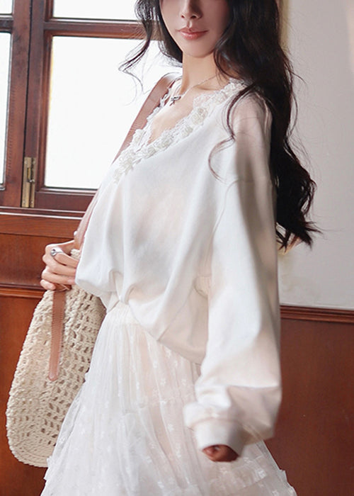 Loose White V Neck Lace Patchwork Cotton Sweatshirt Fall