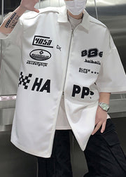 Loose White Zip Up Letter Cotton Mens Shirt Half Sleeve