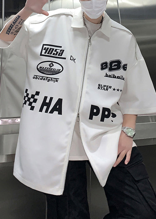 Loose White Zip Up Letter Cotton Mens Shirt Half Sleeve