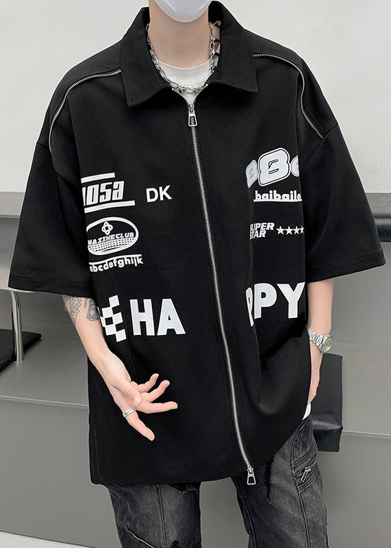 Loose White Zip Up Letter Cotton Mens Shirt Half Sleeve