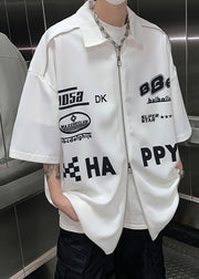 Loose White Zip Up Letter Cotton Mens Shirt Half Sleeve