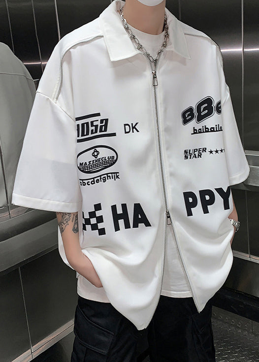 Loose White Zip Up Letter Cotton Mens Shirt Half Sleeve