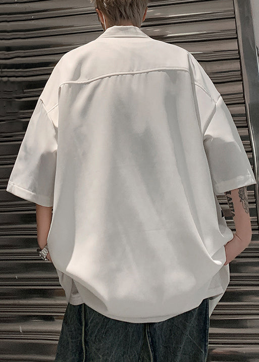 Loose White Zip Up Letter Cotton Mens Shirt Half Sleeve