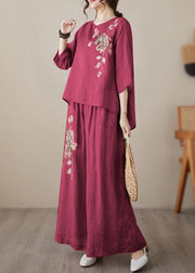 Loose Wine Red Embroidered Elastic Waist Linen Two Piece Set Bracelet Sleeve