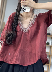 Loose Wine Red V Neck Patchwork Linen Shirt Half Sleeve