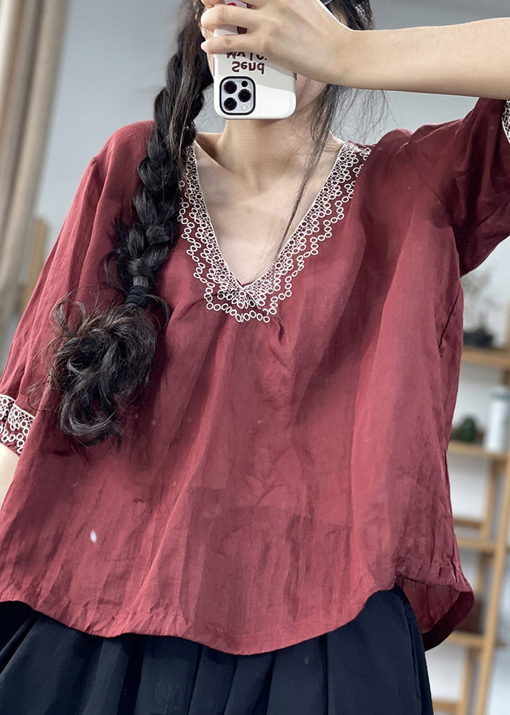 Loose Wine Red V Neck Patchwork Linen Shirt Half Sleeve