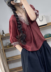 Loose Wine Red V Neck Patchwork Linen Shirt Half Sleeve
