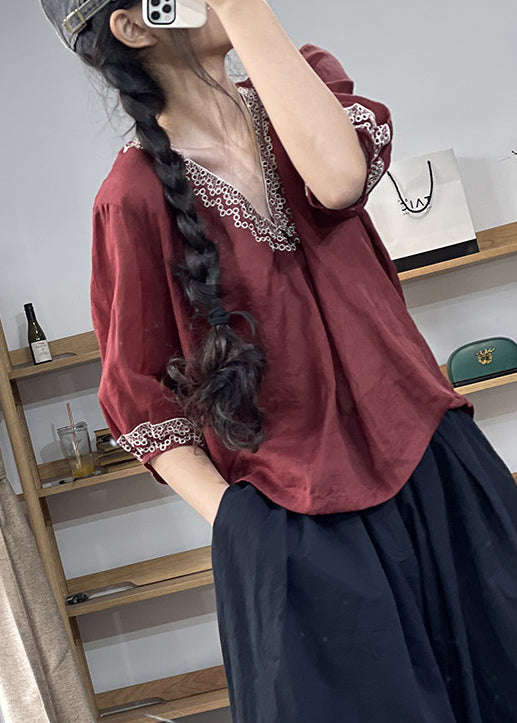 Loose Wine Red V Neck Patchwork Linen Shirt Half Sleeve