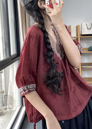 Loose Wine Red V Neck Patchwork Linen Shirt Half Sleeve