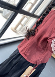 Loose Wine Red V Neck Patchwork Linen Shirt Half Sleeve