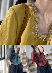 Loose Wine Red V Neck Patchwork Linen Shirt Half Sleeve