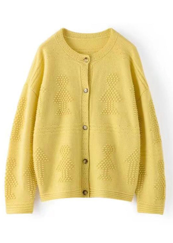 Loose Yellow Button Hollow Out  Cotton Knit Coats Long Sleeve