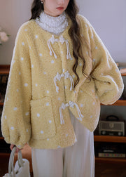 Loose Yellow Chinese Button Pockets Teddy Faux Fur Coats Winter