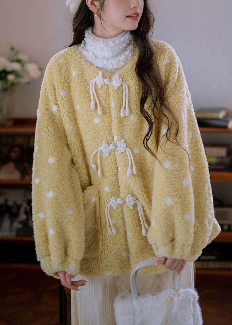 Loose Yellow Chinese Button Pockets Teddy Faux Fur Coats Winter