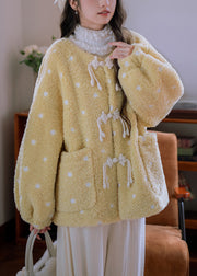 Loose Yellow Chinese Button Pockets Teddy Faux Fur Coats Winter