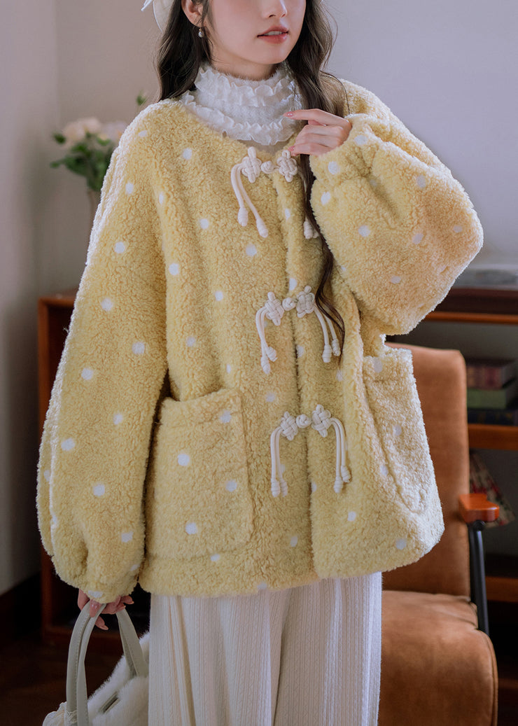 Loose Yellow Chinese Button Pockets Teddy Faux Fur Coats Winter