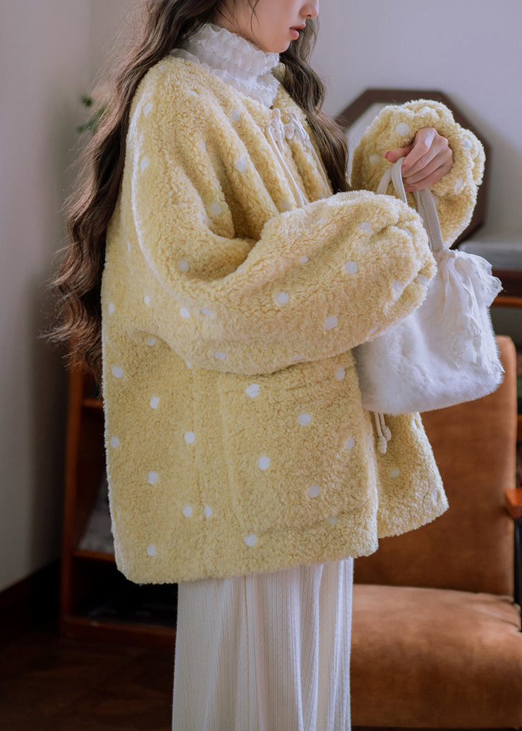 Loose Yellow Chinese Button Pockets Teddy Faux Fur Coats Winter