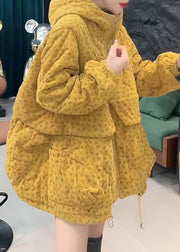Loose Yellow Hooded Zippered Pockets Cotton Filled Parkas Winter
