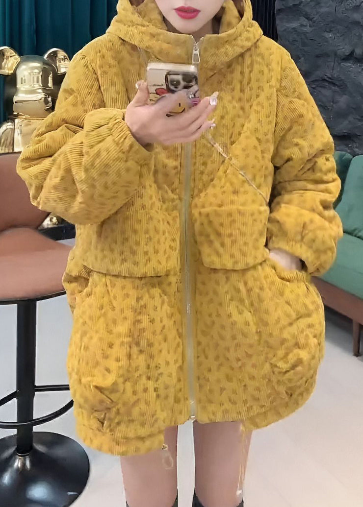 Loose Yellow Hooded Zippered Pockets Cotton Filled Parkas Winter