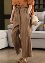 Loose Yellow Lace Up Elastic Waist Linen Crop Pants Summer