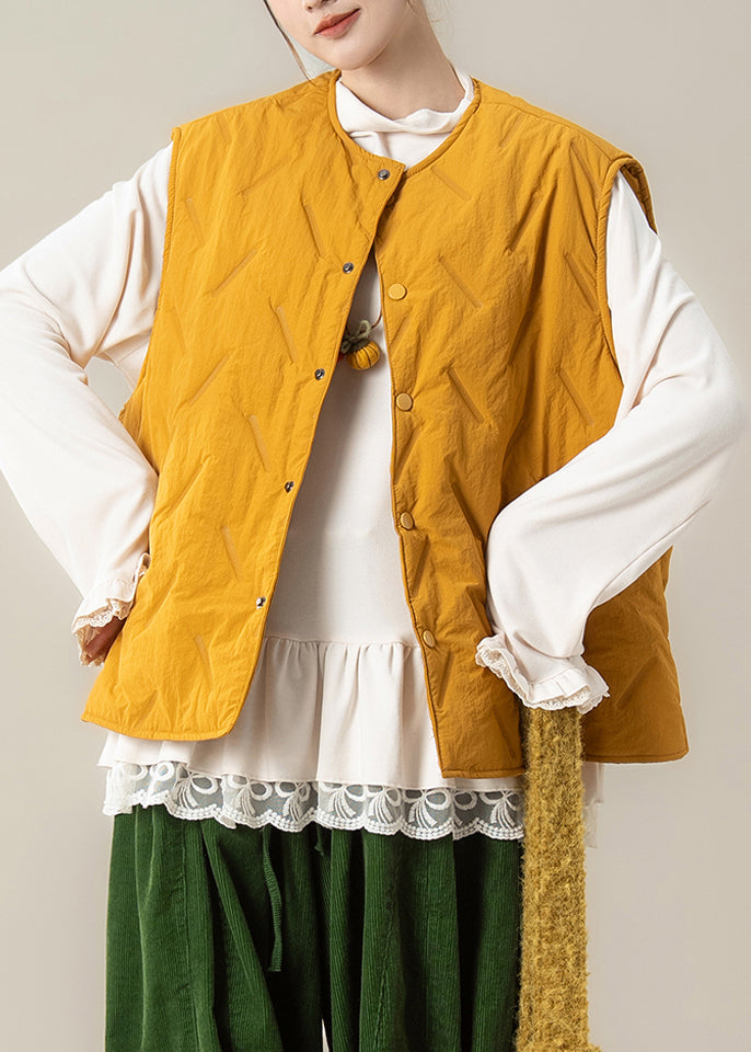 Loose Yellow O Neck Button Cotton Filled Waistcoat Winter