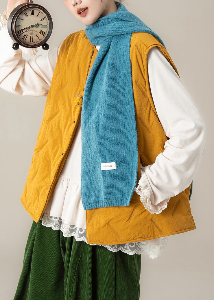 Loose Yellow O Neck Button Cotton Filled Waistcoat Winter