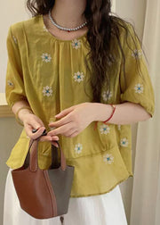 Loose Yellow O Neck Embroidered Cotton Blouses Summer
