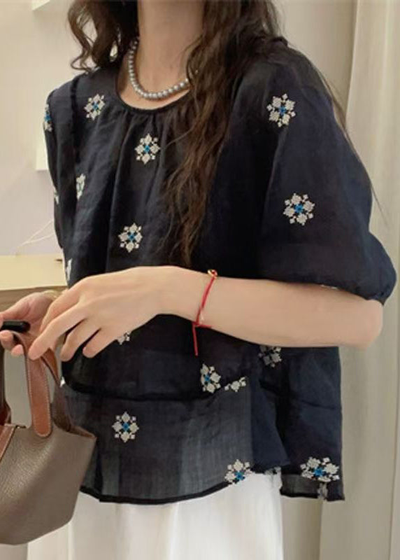 Loose Yellow O Neck Embroidered Cotton Blouses Summer