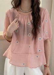 Loose Yellow O Neck Embroidered Cotton Blouses Summer